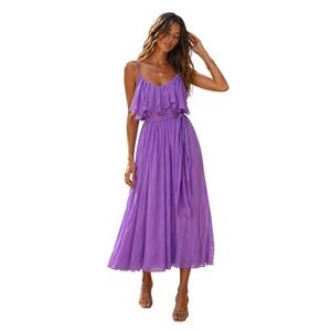 Miguelina Elizabeth Silk Chiffon Maxi Dress Lilac Ruffle Strappy M NWT Wedding